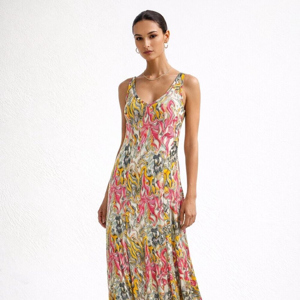 Abstract Maxi Dress Size S/M Multicolor Sleeveless Flowy Greek Summer Boho - Picture 2 of 13